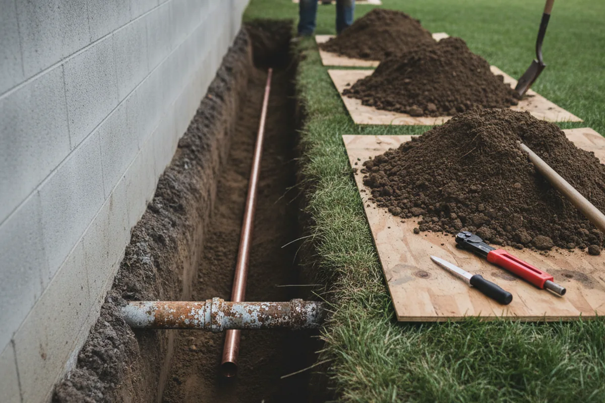 Excavated water line trench during Water Softener Installation in Sweetser